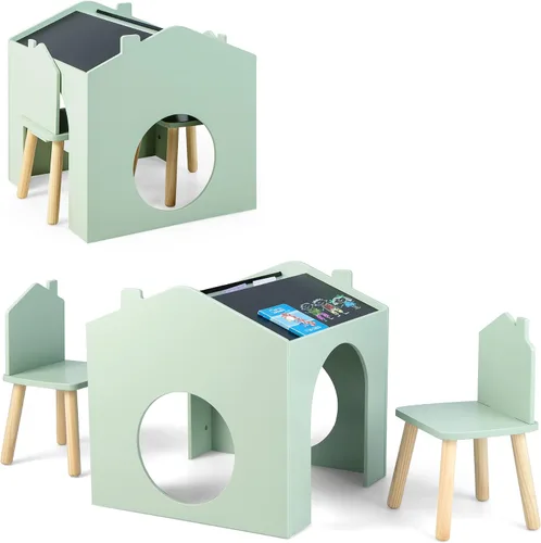 Costzon Mesa y sillas para niños, juego de mesa de arte de madera de 3 piezas con pizarras para actividades infantiles, manualidades, lectura, Verde