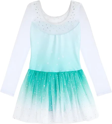 Miniatura 22 de EQSJIU Leotardo de baile de manga larga para niñas, vestido de ballet brillante con copo de nieve, tutú con falda tutú para niñas