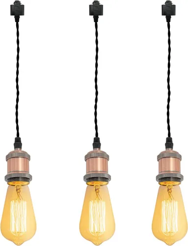 Miniatura 11 de Kiven 3 luces H System Track Mini colgante, soporte de lámpara con acabado negro perla, kit de luces de riel, colgante de rosa, tela trenzada