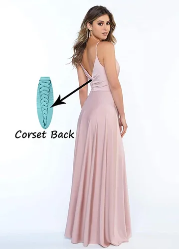 Miniatura 2 de Miao Duo Vestidos de dama de honor de satén con cuello en V para mujer, con abertura, tirantes delgados, vestidos formales de graduación