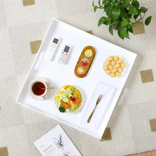 Miniatura 4 de Bandeja grande de acrílico blanco con asas, 19 x 19 x 2 pulgadas de alto, bandeja a prueba de derrames para otomana, mesa de café, desayuno, té