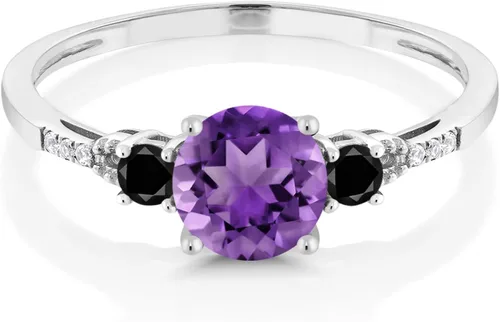 Miniatura 2 de Gem Stone King Anillo de compromiso de oro blanco de 10 quilates con diamantes negros y diamantes blancos con detalle de 3 piedras para mujer