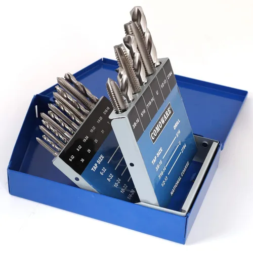 COMOWARE Juegos de taladros y grifos, brocas HSS Jobber de longitud con caja de metal indexado | 18 piezas, 6-32 a 1/2 "-13 tamaños de grifo
