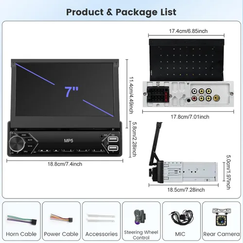 Miniatura 6 de 【Radio AM estable】Hikity - Estéreo de automóvil de un solo din de 7'', Carplay Android Auto, radio de automóvil con pantalla táctil abatible de 7