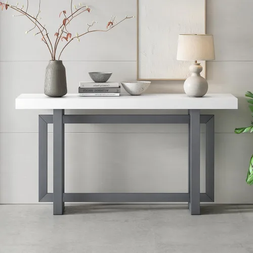 Miniatura 13 de Mesa de entrada de 59.1 pulgadas con chapa de pino, única mesa consola de diseño triple rectangular con patas gruesas de madera de pino, mesa