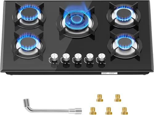 Estufa de gas con 5 quemadores, parte superior de estufa de vidrio templado incorporada, estufa de propano GLP/NG, estufas de empotrar precios,5