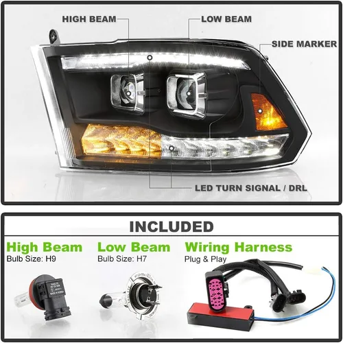Miniatura 2 de ACANII – Faros delanteros LED negros con señal DRL y doble proyector para Dodge Ram 1500 2500 3500 2009-2018