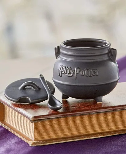 Miniatura 2 de Tazón de cerámica para sopa, con forma de caldero negro de Harry Potter, con cuchara.