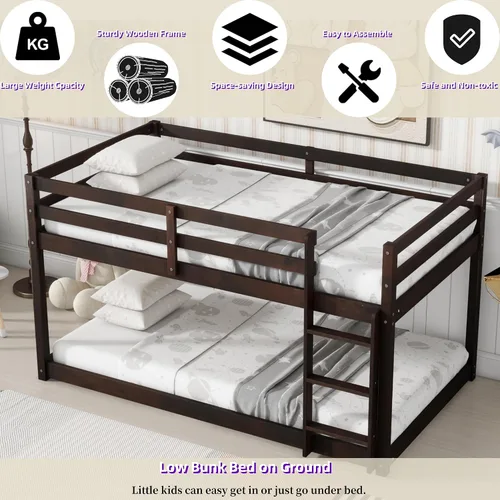 Miniatura 4 de Litera de tamaño individual sobre individual, litera de piso con escalera, barandillas de seguridad, literas de madera para camas individuales