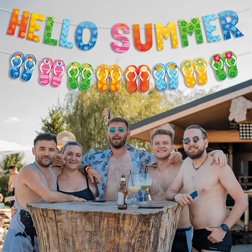 Miniatura 6 de Cartel de Hello Summer y colorido banner de verano hawaiano tropical playa piscina sandalias guirnalda banner verano vacaciones fiesta cumpleaños
