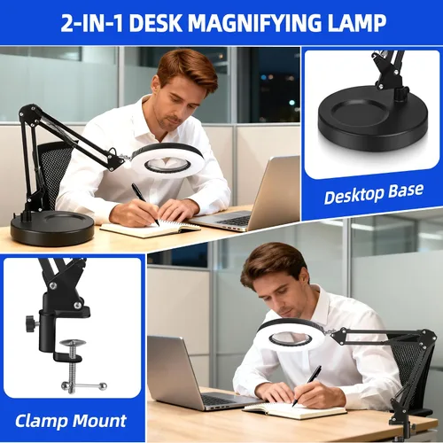 Miniatura 5 de Akynite 12 lupas con luz y soporte, lámpara de escritorio con lupa de cristal real de 144 LED con base y abrazadera, 5 modos de color, lupa