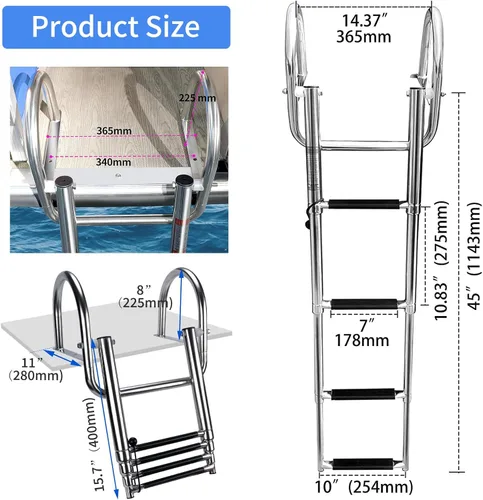 Miniatura 3 de Escalera para barco pontón de acero inoxidable de 4 escalones, resistente plegable y telescópica para entrada trasera, con barandilla de mano