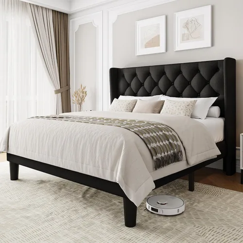 Miniatura 11 de Einhomn Base de cama de plataforma de tamaño matrimonial con cabecera tapizada de tela, 10 pulgadas debajo de la cama, soporte de listones de madera