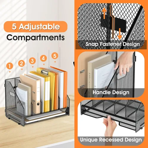 Miniatura 4 de Organizador de Carpetas de Archivos de Escritorio - 5 Compartimentos Verticales con Estantes y Bandeja para Cartas de Papel, Clasificador de Negro