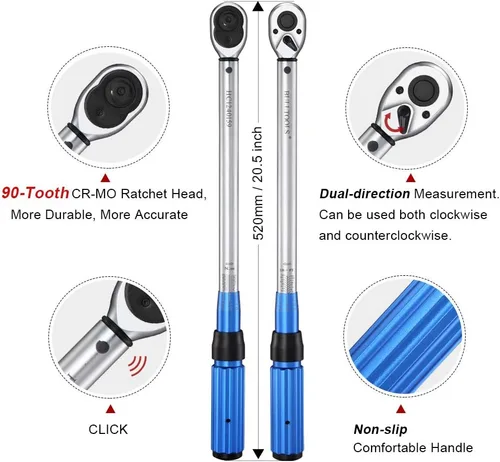 Miniatura 2 de BULLTOOLS Juego de llaves dinamométricas de clic de 1/2 pulgada, llave dinamométrica ajustable de 90 dientes de doble dirección con hebilla Unidad