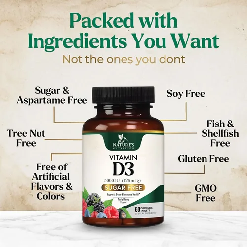 Miniatura 7 de Vitamina D3 5000 UI (125 mcg) por porción, vitamina D extra fuerte masticable para apoyo inmunológico, suplementos para huesos, dientes y músculos