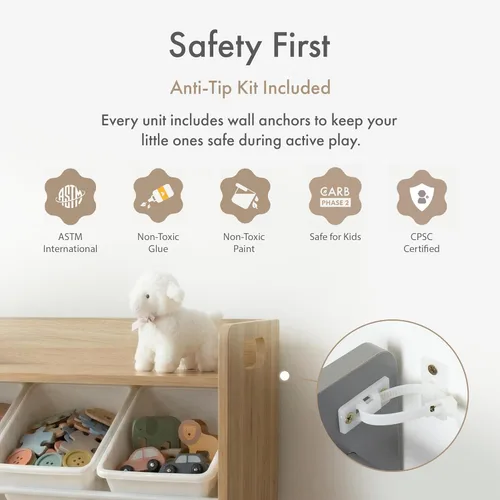 Miniatura 7 de Humble Crew Organizador de almacenamiento de juguetes con estante superior y 9 contenedores extraíbles, natural/blanco, estantería para niños Madera