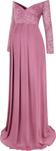 Molliya - Vestido largo de maternidad de encaje y hombros descubiertos Maxi vestido elegante elástico, para baby shower y sesión de fotografías