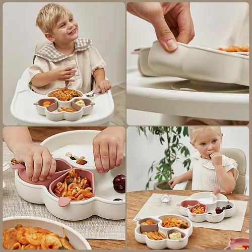 Miniatura 8 de MEOW Dry Rose - Placas de succión de silicona dividida para niños pequeños, placa de silicona antideslizante para bebés, suministros de destete LED