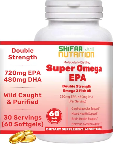 SHIFAA NUTRITION Cápsulas blandas de aceite de pescado Halal, 60 unidades, doble fuerza, suplementos de aceite de pescado Halal Omega 3. Atrapado en