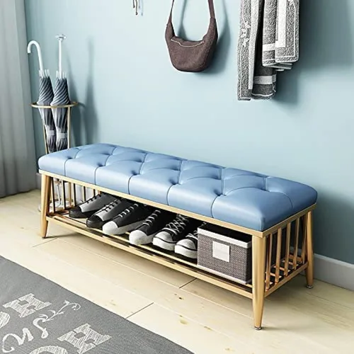 Asiento de piel sintética, taburete de entrada para sala de estar, zapatero de primera calidad, banco de zapatos de alta calidad, banco de Azul