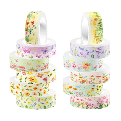 Adirasenotek Juego de 12 rollos de cinta washi floral, diseño de flores de mariposa, calcomanías decorativas de papel decorativo, manualidades,