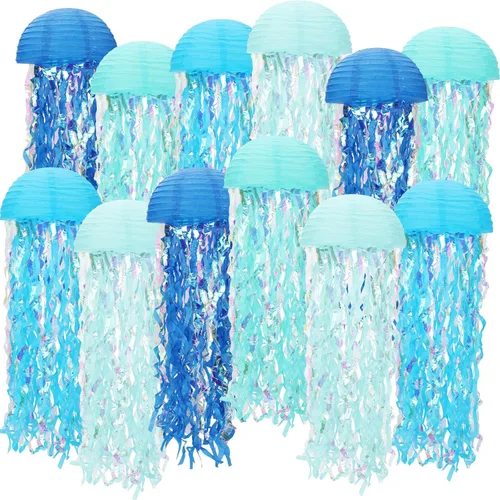 Miniatura 11 de Baquler Juego de 12 linternas de papel de medusas de 10 pulgadas, linternas semicírculas de sirena, decoración colgante para aula, baby shower, bajo