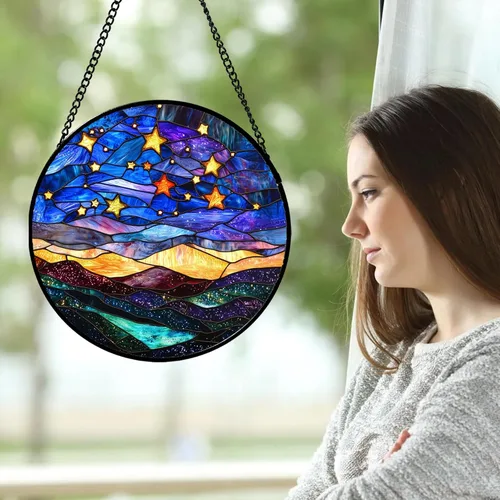 Miniatura 2 de Arte de Vidrio para Colgar en Ventanas, Cielo Azul con Estrellas de Oro Paisaje Abstracto Atrapasoles para Puertas y Ventanas, Adornos
