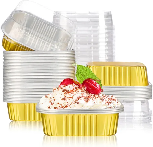 EUSOAR Mini moldes para pasteles con tapas, 12.3 onzas, 12.2 fl oz, 50 unidades de papel de aluminio cuadrado para hornear brownie, cupcakes,