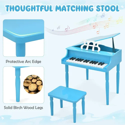 Miniatura 5 de Goplus Piano de juguete clásico para niños de 30 teclas, mini piano de madera estilo grand con banco, tapa para piano, estante para música, juguete