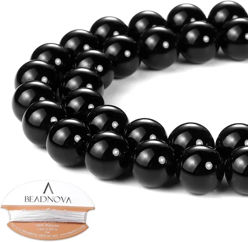 Miniatura 51 de Cuentas de ónix negro BEADNOVA con cuentas de cristal natural, piedras preciosas, redondas, sueltas, curativas de energía con cordón elástico de 01)