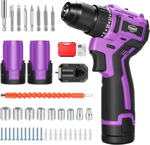 Juego de taladro inalámbrico sin escobillas morado, kit de controlador compacto de 12 V con motor eléctrico, ajuste de par, 50 N.m, 2 velocidades