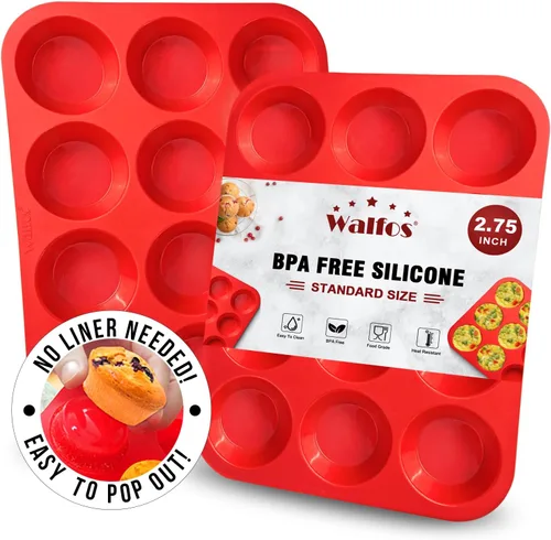 Miniatura 13 de Walfos Molde de silicona para magdalenas, juego de 3 moldes para magdalenas, incluye 24 tazas de mini moldes para muffins, 12 tazas regulares y 6