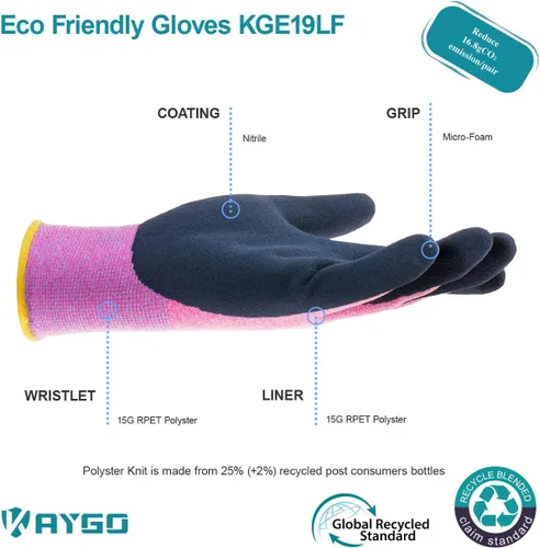 Miniatura 2 de KAYGO Guantes de trabajo para mujer, guantes de trabajo de seguridad ecológicos con revestimiento de goma transpirable, KGE19L, 3 pares