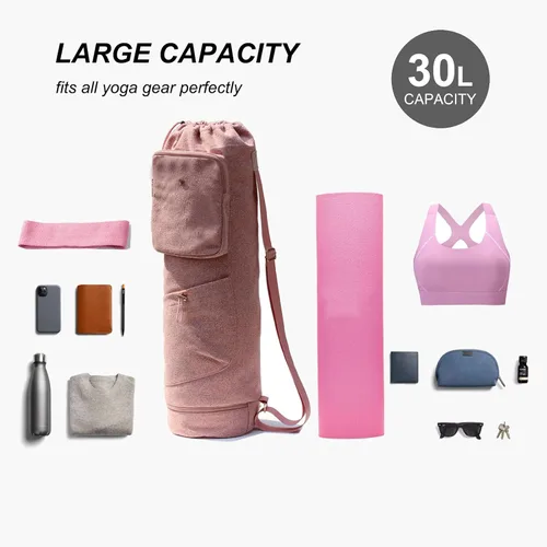 Miniatura 6 de ESVAN Bolsa para esterilla de yoga con múltiples bolsillos. Bolsa de transporte con cordón para esterilla de yoga, Pilates, ejercicio. Bolsa de Lino