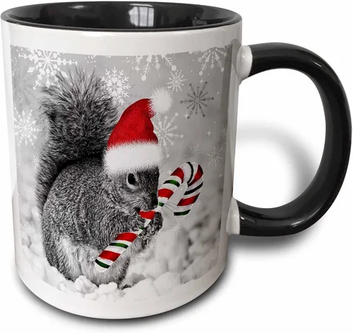 3dRose Esta linda ardilla navideña tiene un bastón de caramelo y un sombrero de Santa en el paisaje invernal cubierto de nieve. Taza negra de dos
