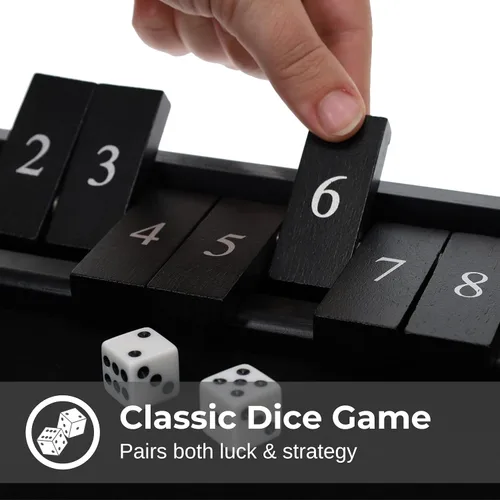 Miniatura 3 de WE Games: juego de mesa de madera "Shut The Box" - Juego de pub para cerrar la caja con 12 fichas de números y 2 juegos de dados - Acabado negro
