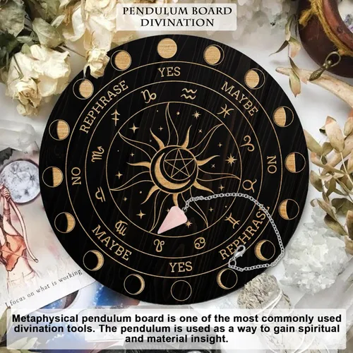 Miniatura 6 de AHANDMAKER Juego de tablero de péndulo, tablero de adivinación de madera para radiestesia, tablero de mensajes metafísicos con collar de péndulo