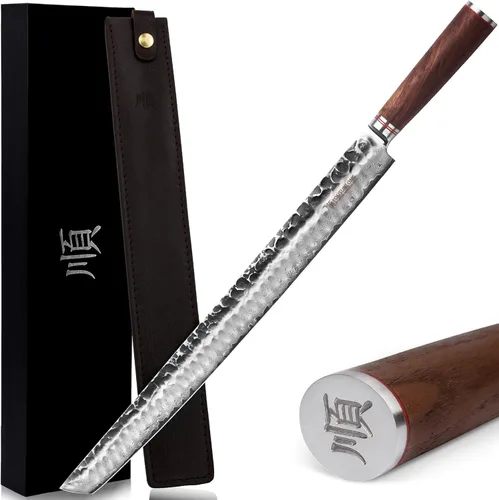 Miniatura 10 de YOUSUNLONG Cuchillo Sakimaru de 23 pulgadas Ultra Yanagiba - Hoja de Acero Damasco Martillado Japonés - Rebanador de Chef Adecuado para Cortar Atún
