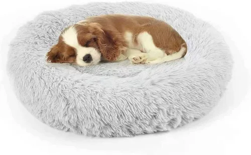Miniatura 21 de Cama para perros, cama calmante para gatos, cama de felpa de piel sintética con forma de rosquilla para mascotas, cama redonda para perros y gatos