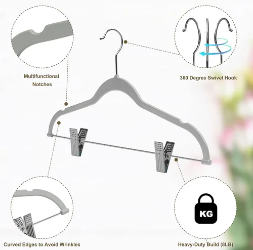 Miniatura 5 de Paquete de 20 perchas de plástico de calidad, no aterciopeladas, compactas y delgadas con clips de metal para faldas, pantalones, blusas, gancho Gris