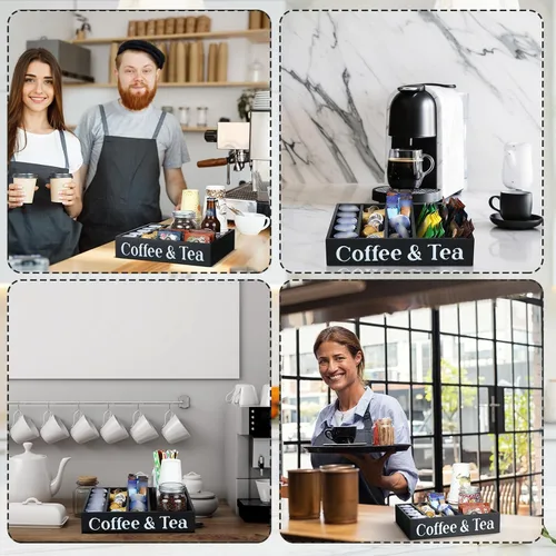Miniatura 5 de Soaoo Organizador de estación de café, soporte de madera para café y té, accesorios de encimera con 4 divisores extraíbles, organizador