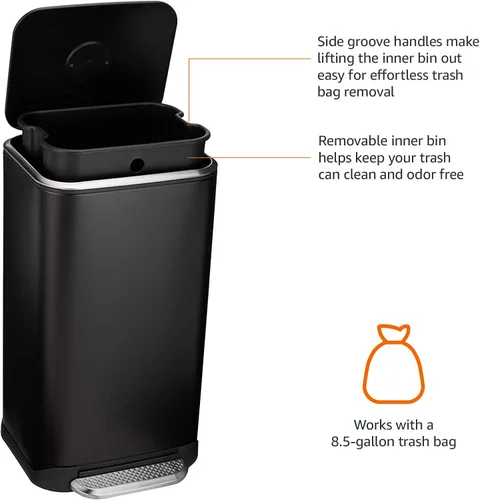 Miniatura 2 de Amazon Basics Bote de basura rectangular de metal con pedal de cierre suave, 32 litros/8.5 galones, 14 pulgadas de largo x 14 pulgadas de ancho x