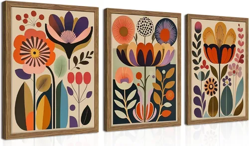 Miniatura 15 de Juego de 3 piezas de arte de pared de montaña colorida boho, pinturas abstractas de paisaje de flores de acuarela, pósters modernos de naturaleza