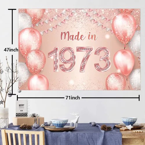 Miniatura 2 de Cartel de feliz cumpleaños número 50 en oro rosa hecho en 1973 con texto en inglés "Cheers to 50 years old", confeti, telón de fondo, decoración