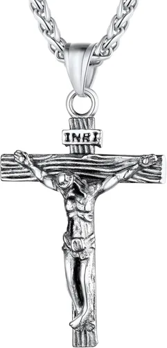 U7 Colgante de cruz de crucifijo para hombre con cadena de bautismo, joyería cristiana, acero inoxidable, oro de 18 quilates, collar antiguo de