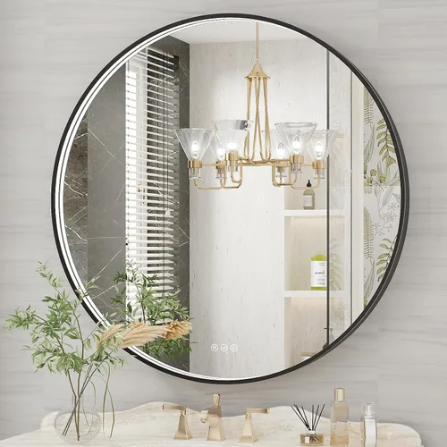 Miniatura 28 de Espejo de baño LED de 24x32 pulgadas con luces, espejo LED con marco de metal negro para baño, 3 colores y luz regulable sin escalones montada