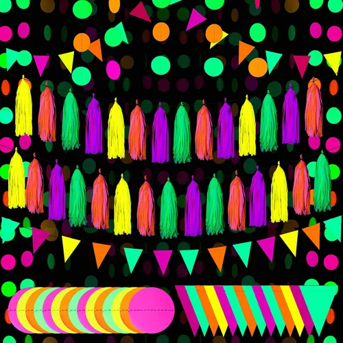 88 piezas de suministros de fiesta de neón brillante, incluyendo guirnalda de papel de neón, 20 piezas de borlas de papel y banderas triangulares