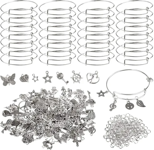 Miniatura 7 de UPINS 30 pulseras de plata expandibles en blanco, pulseras de alambre ajustables con 100 dijes de plata tibetana, 200 anillos abiertos para hacer