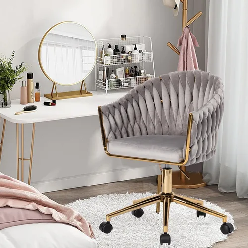 Miniatura 9 de Silla de Oficina de Terciopelo con Respaldo Tejido a Mano, Sillas de Escritorio de Tocador con Ruedas Doradas, Silla de Escritorio Giratoria